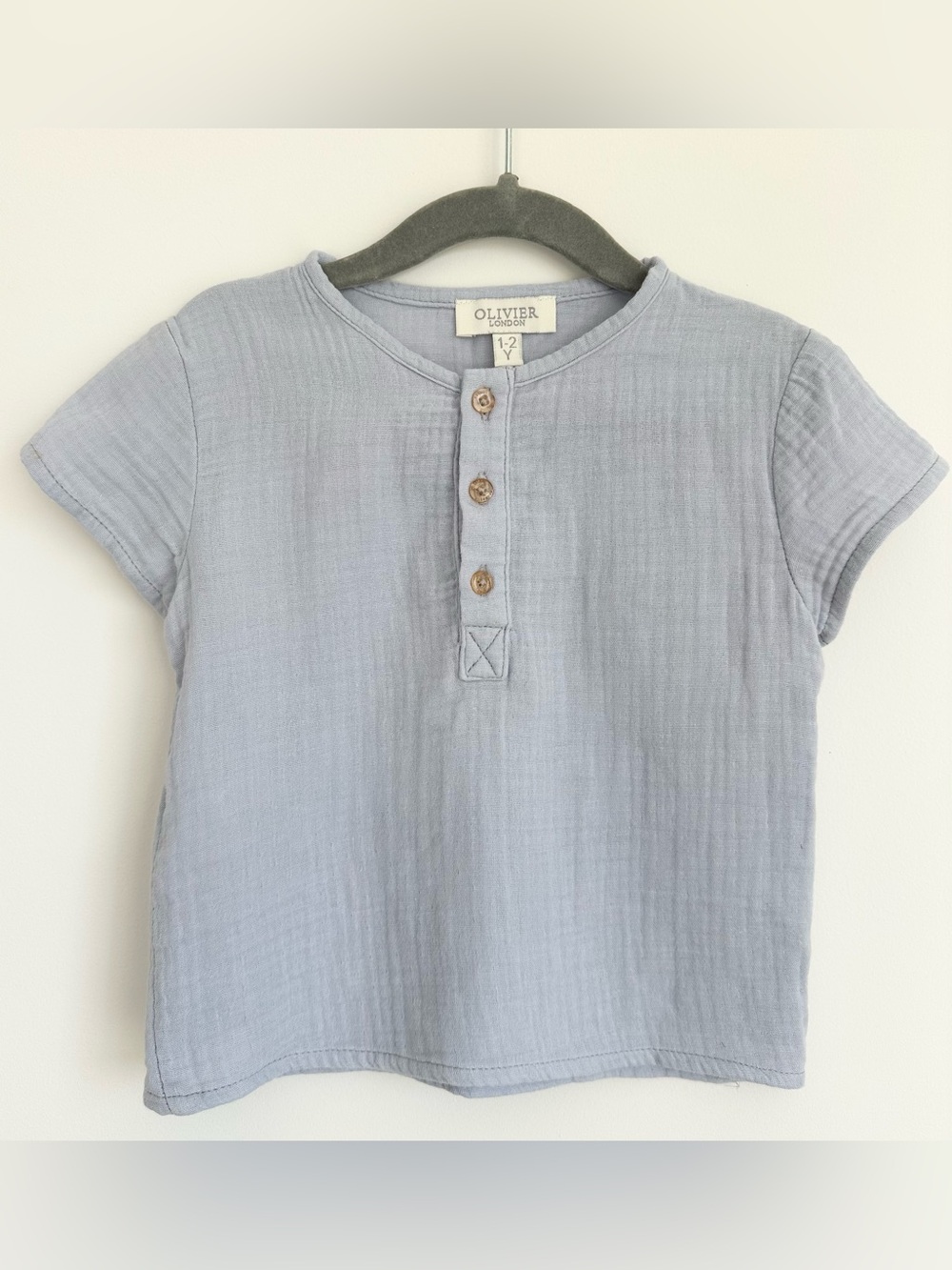 OLIVIER London Light Blue Boys Short Sleeve Henley Top Size 1-2 Yrs